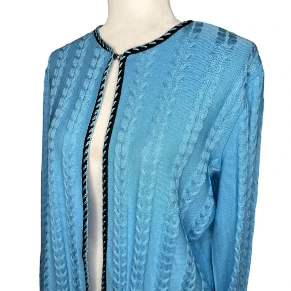 Ming Wang Blue Cable Knit Cardigan L Classic Sweater Black Trim Single Button - Picture 2 of 8